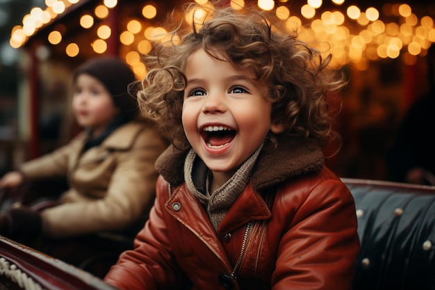 bambini felici nel parco divertimenti sulle montagne russe nel periodo natalizio invernale