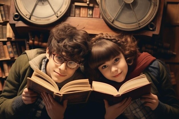 bambini felici vista superiore foto creativa di un ragazzino e una ragazza sul pavimento in legno marrone vintage