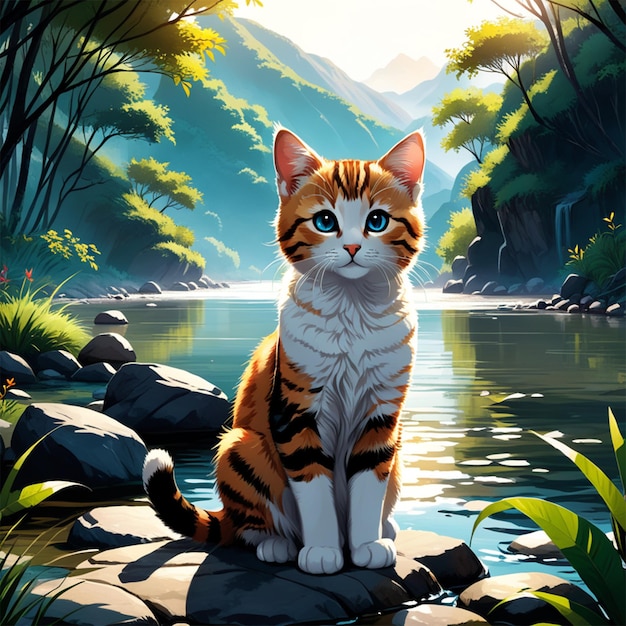 bambini gatto della riva del fiume arte digitale alta qualità 8k
