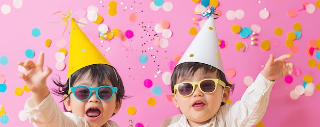 Bambini giapponesi con cappello da festa e occhiali da sole su sfondo rosa con confetti