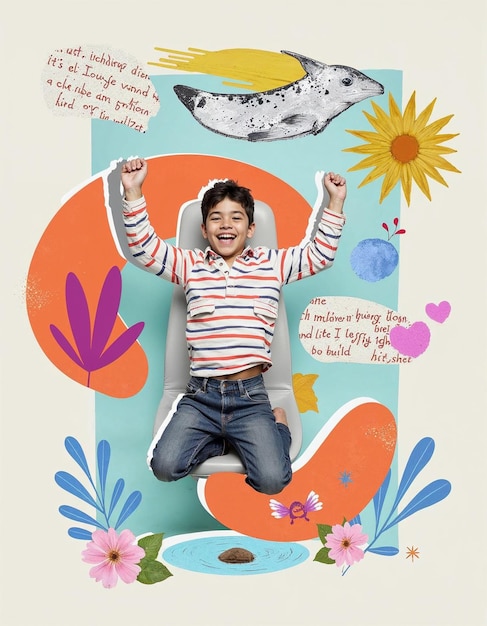 Bambini giocosi che saltano con colori primari e forme geometriche sullo sfondo