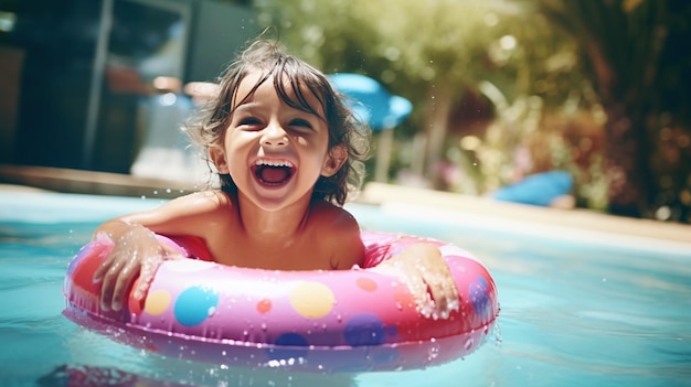 Bambini gioiosi anelli da bagno colorati si bagnano nella piscina soleggiata che incarna il divertimento estivo e la felicità delle vacanze