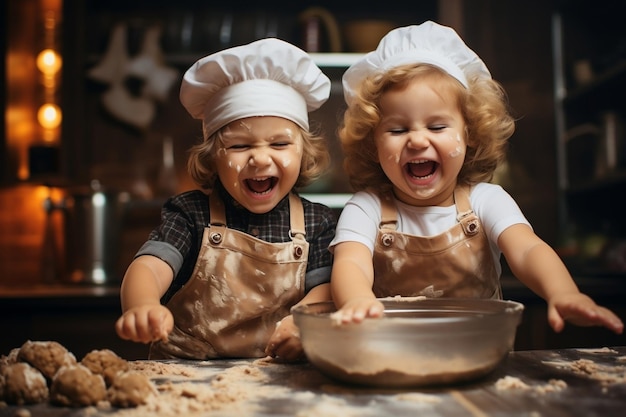 Bambini gioiosi che cucinano in cucina AI generativa