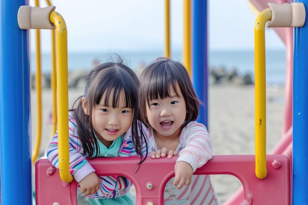 Bambini gioiosi che giocano al parco giochi