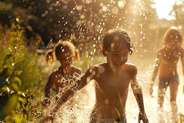 Bambini gioiosi che giocano in un irrigatore in un giorno caldo
