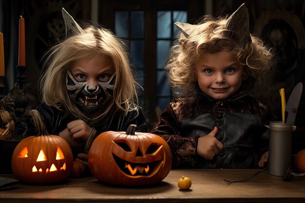 Bambini Halloween in costumi all'aperto Carta Happy Halloween Divertimento per le vacanze autunnali Espressione divertente della festa dei bambini