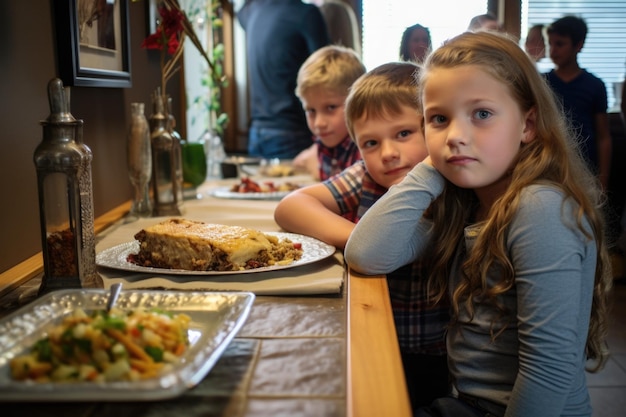 Bambini in attesa di costole da barbecue a una cena in famiglia