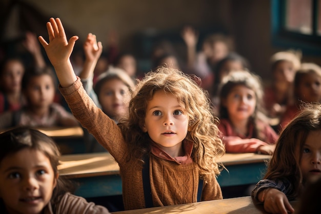 bambini in classe Uno dei bambini alza la mano per fare una domanda