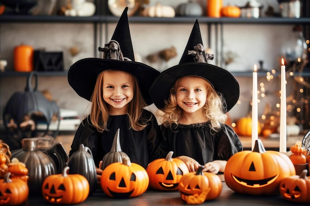 Bambini in costumi da strega con jackolanterns a casa