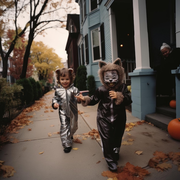 bambini in costumi di halloween che camminano per strada