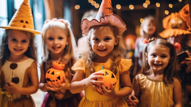bambini in costumi di halloween con zucche sul tavolo