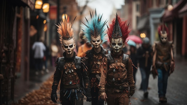 Bambini in costumi e trucchi fantastici camminano per strada per festeggiare Halloween