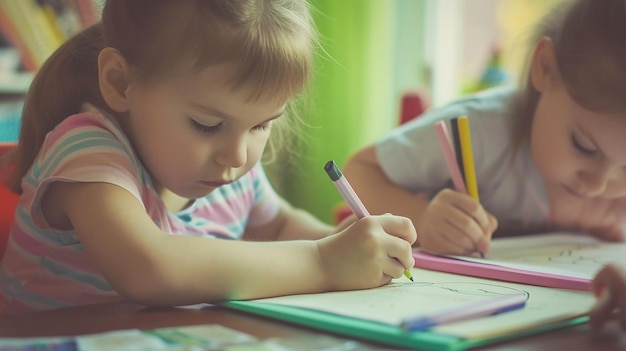 Bambini in età prescolare che studiano e disegnano a casa