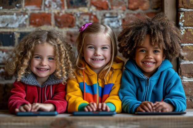 Bambini in età scolare che utilizzano il tablet per l'istruzione