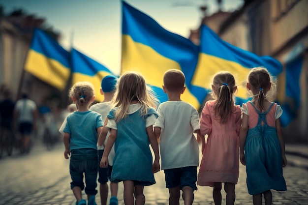 Bambini in marcia per la libertà che portano bandiere ucraine per le strade come simbolo di libertà