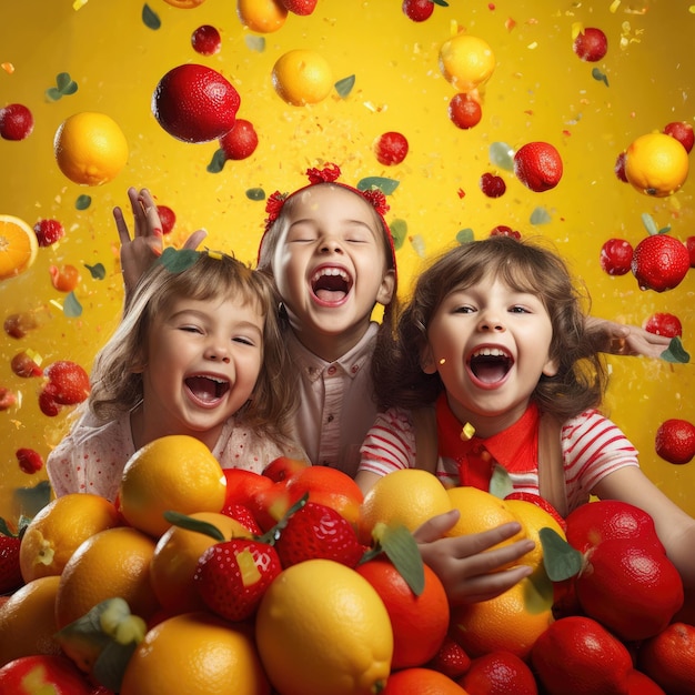 Bambini in piedi in un mucchio di frutta