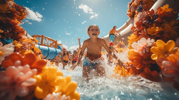 Bambini in uno scivolo acquatico al parco acquatico per le vacanze estive Ai generativo