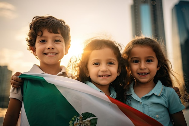 Bambini messicani che tengono con orgoglio la bandiera messicana per la giornata nazionale Felici e gioiosi bambini del sud