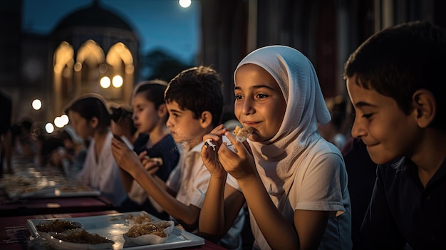 Bambini musulmani che mangiano in un ristorante a Bursa Turchia Generative AI