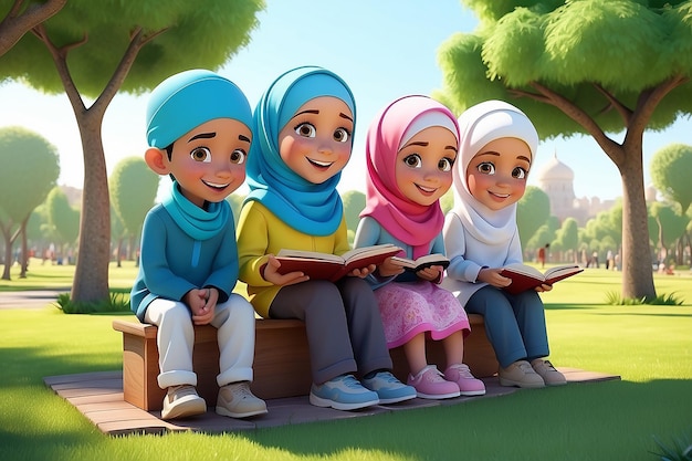 Bambini musulmani in 3D che si godono il parco