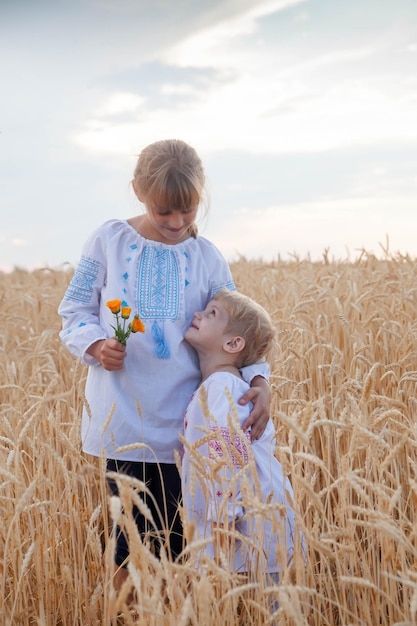 Bambini nel campo di grano in camicia ricamata ucraino