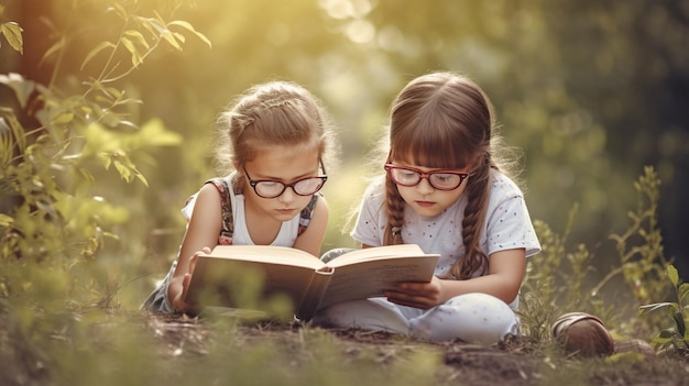 Bambini nel parco che leggono libri IA generativa