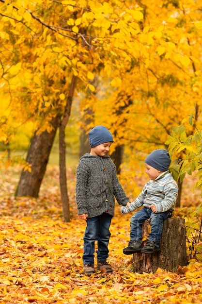 Bambini nella foresta d'autunno giallo e oro