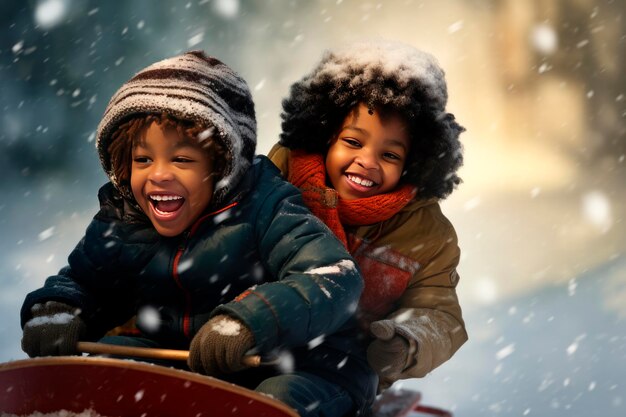 bambini neri ragazzi felici che scendono sullo scivolo in inverno