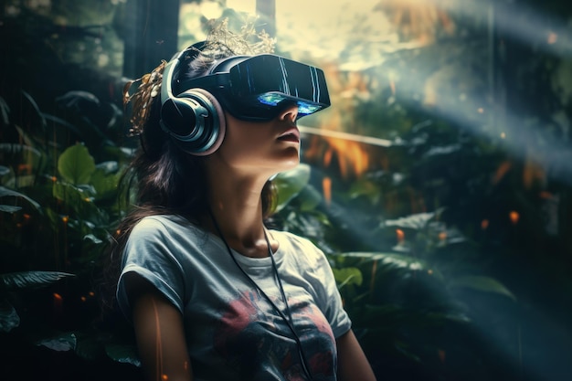 Bambini o adolescenti indossano le cuffie Vr nello stato di coscienza futuristico del mondo virtuale dell'universo metaverso