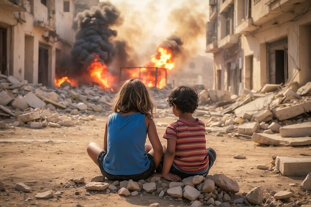 Bambini palestinesi e israeliani che giocano insieme in mezzo a bandiere di guerra e sfondo di distruzione