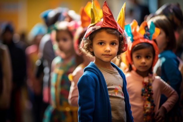 bambini per un concorso di costumi che mostra una varietà di abiti fantasiosi e colorati