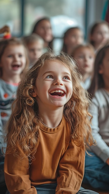 Bambini piccoli che gridano i suoni delle vocali Bambini in una scuola elementare seduti in gruppo