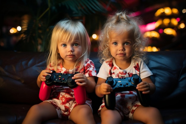 Bambini piccoli seduti sul divano con in mano i joystick e giocando ai videogiochi AI