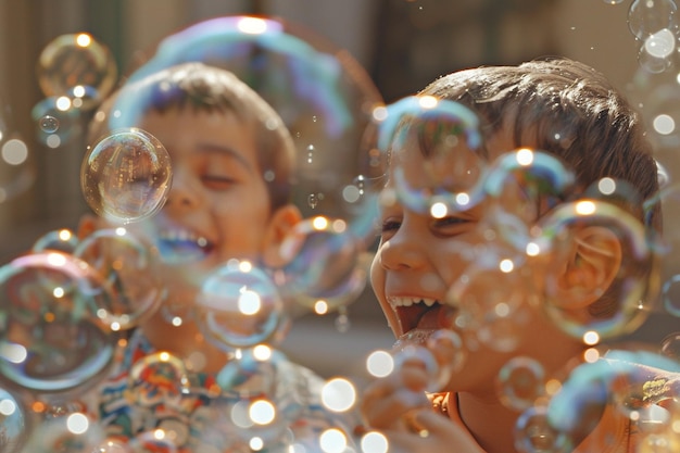 Bambini pieni di risate che giocano con bolle di sapone