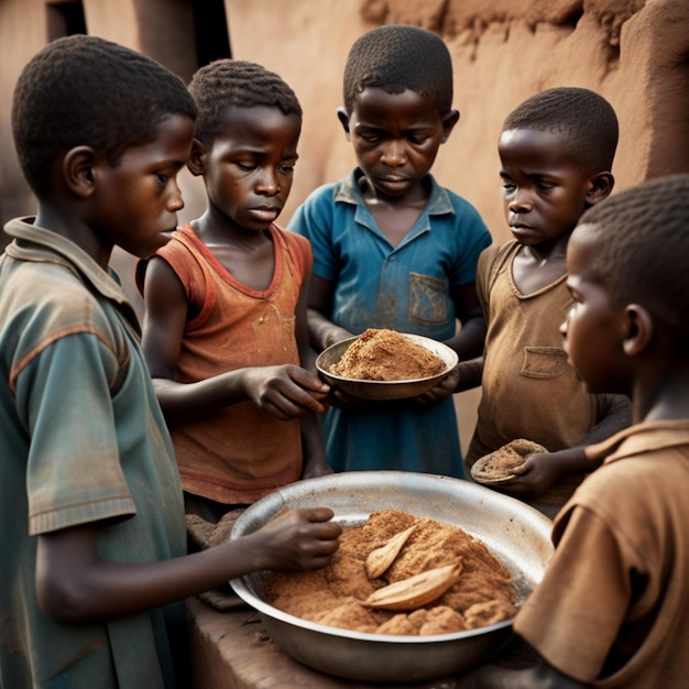 Bambini poveri affamati che mangiano cibo nel villaggio