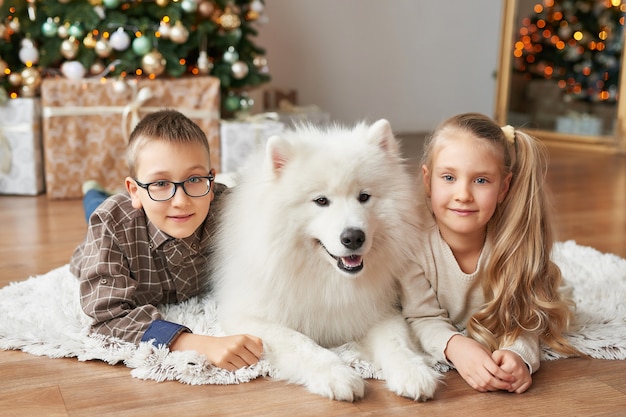 bambini ragazza e ragazzo con cane samoiedo sullo sfondo di Natale