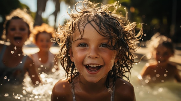 Bambini ragazzi e ragazze che giocano in una piscina