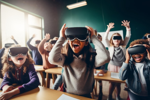 Bambini scolastici che indossano cuffie di realtà virtuale in una classe