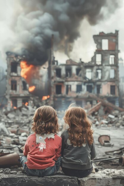 Bambini seduti di fronte a una città in rovina in rovina AI generativa