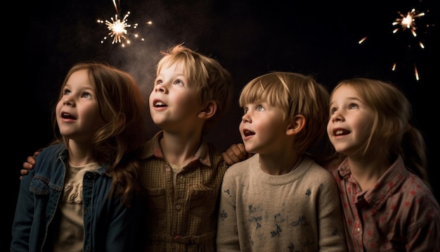 Bambini sorridenti che giocano a festeggiare il Natale con i regali generati dall'intelligenza artificiale