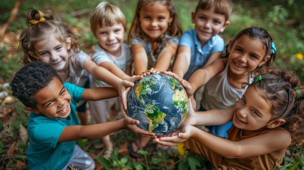 Bambini sorridenti che tengono insieme la Terra nella natura incarnando l'unità e la consapevolezza globale