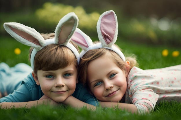 Bambini sorridenti felici della ragazza e del ragazzo che indossano le orecchie del coniglietto di pasqua della molla Ai generativo