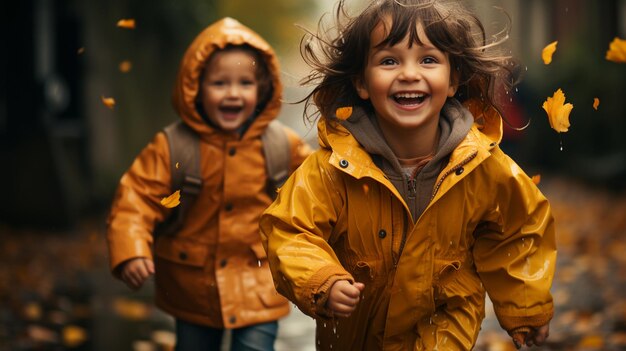 Bambini sorridenti felici in impermeabile giallo