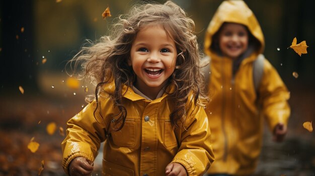 Bambini sorridenti felici in impermeabile giallo