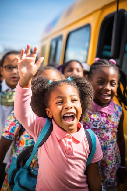 Bambini sorridenti nello scuolabus
