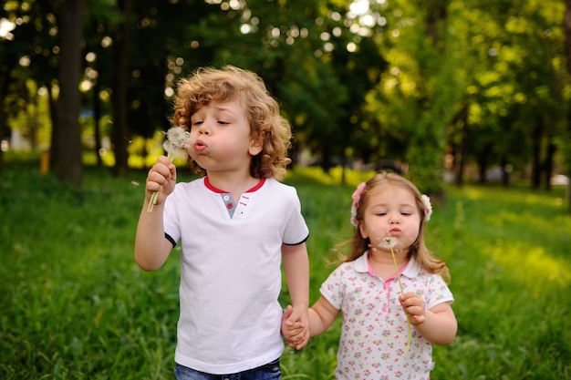 Bambini sul parco verde che soffia i denti di leone