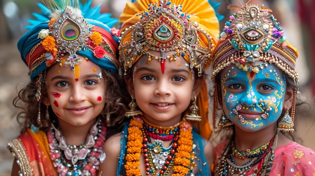 Bambini vestiti come varie divinità che partecipano alle celebrazioni di Navratri