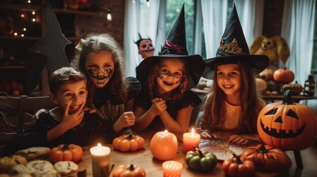 bambini vestiti da streghe e zucche sono seduti ad un tavolo con candele e candele.