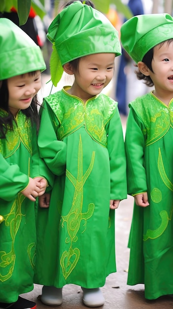 Bambini vietnamiti di Capodanno in costumi tradizionali verdi