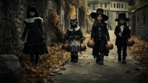 Bambini vintage di Halloween in costume che raccolgono caramelle